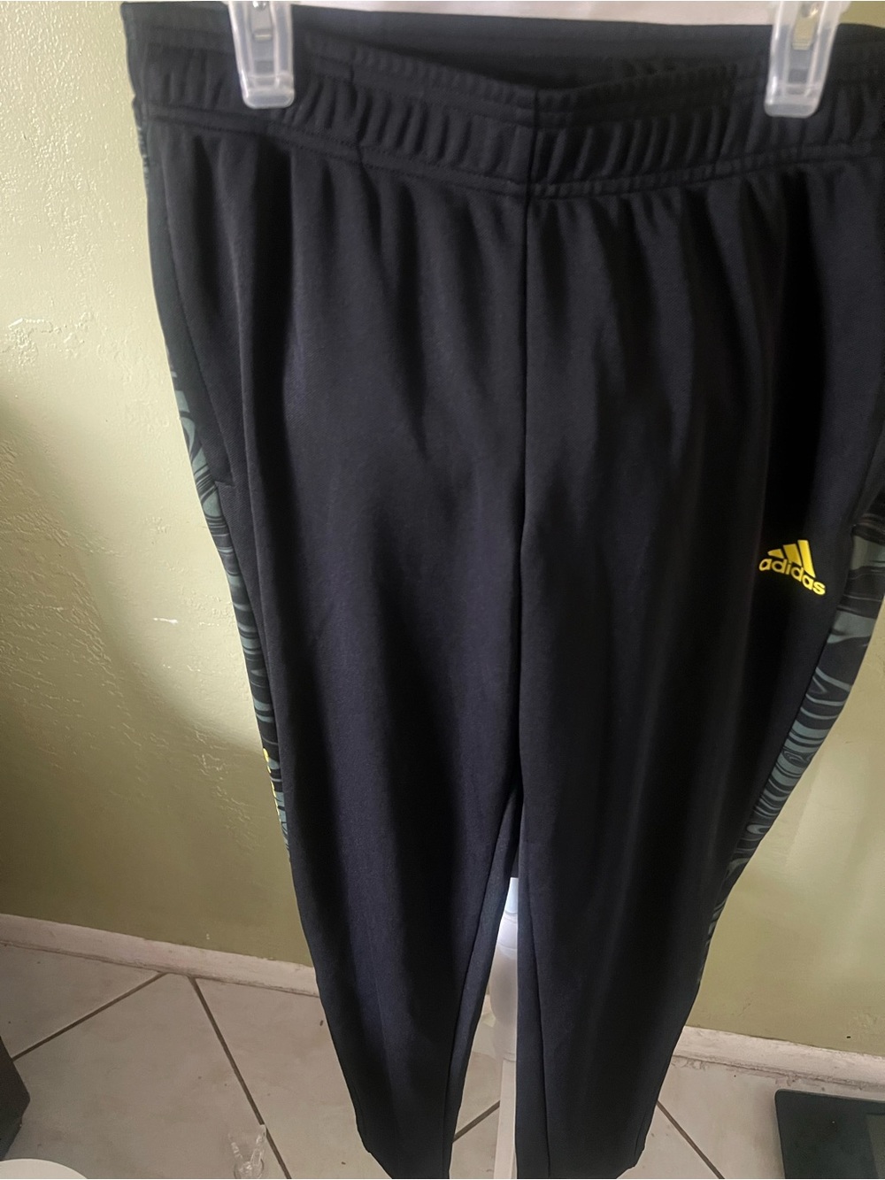 adidas Black Joggers with Yellow Logo and Patterned Side Panels